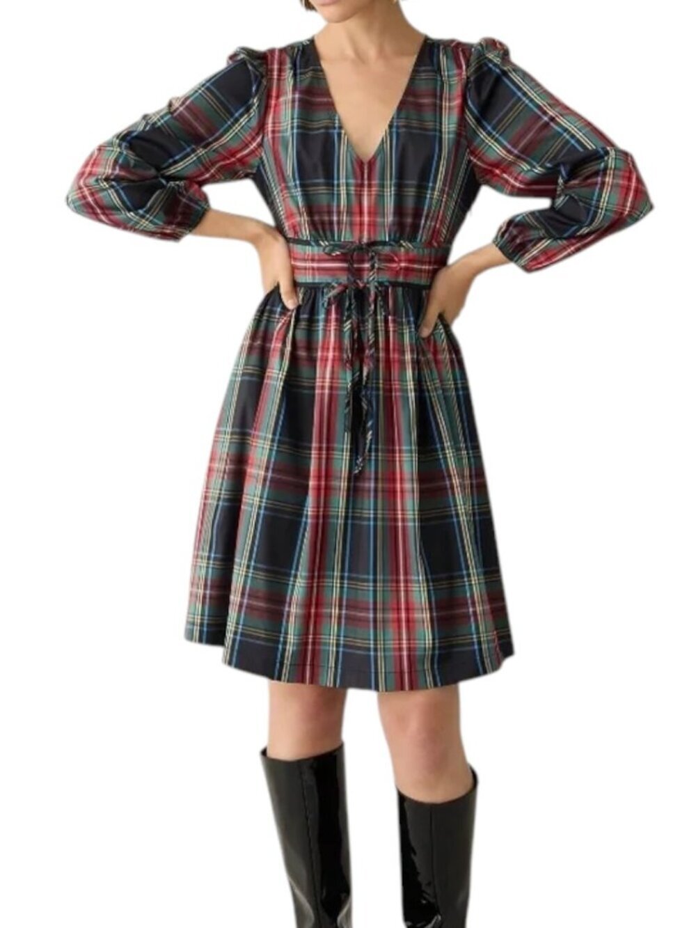 J. Crew Collection Taffeta Stewart Tartan Plaid Long Sleeve Tie Waist Dress